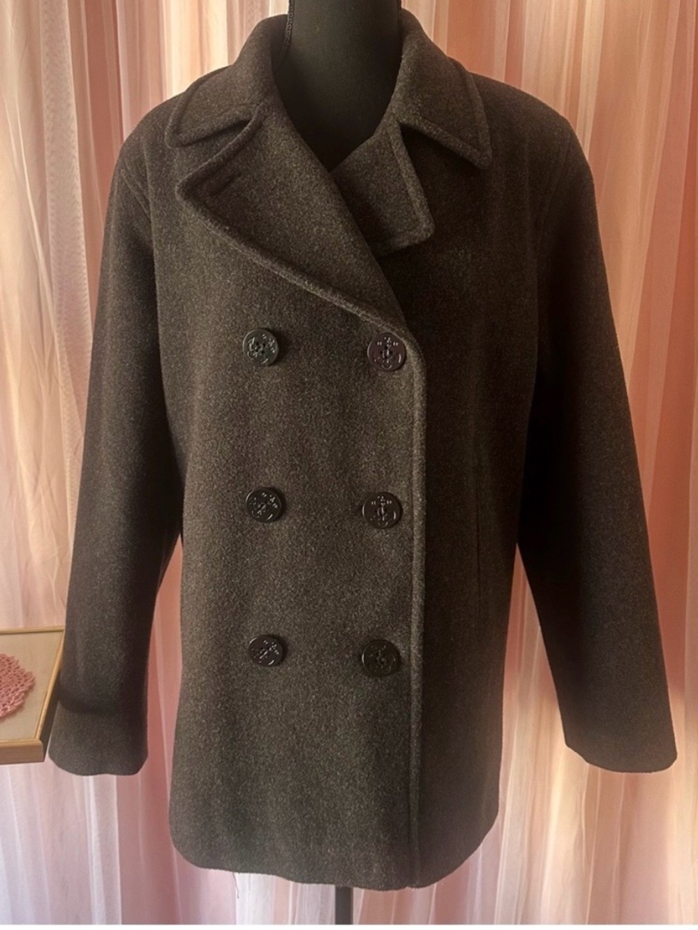 VTG J. Percy Marvin Richards Gray Pea Coat 100% Merino Wool Double Breast Size 8